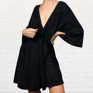 Faded Glory | Solid Black Burnout Drawstring Waist Beach Pool Coverup Duster
